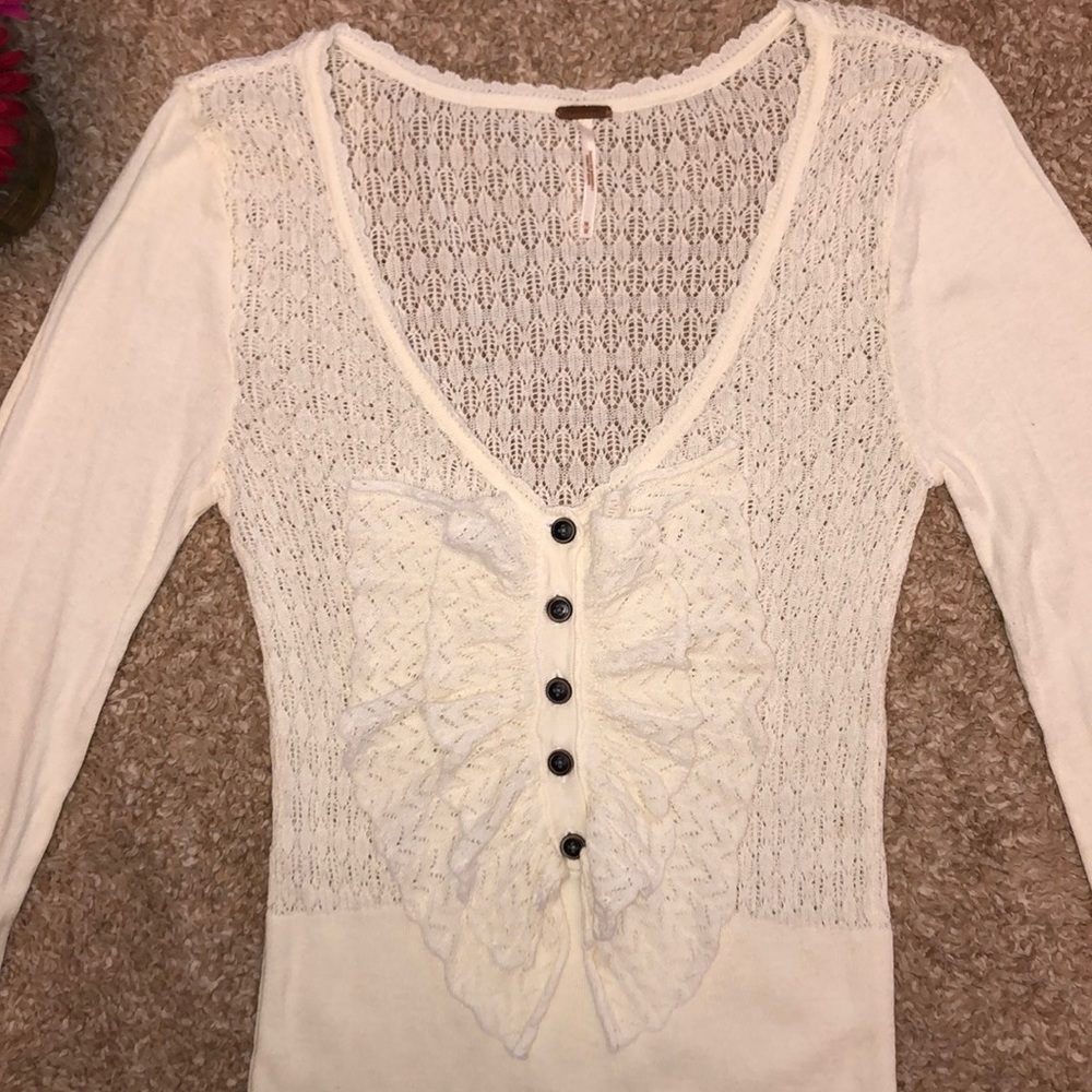 Free People thin crochet deep V Neck w/ Ruffle Sweater - Picture 2 of 7